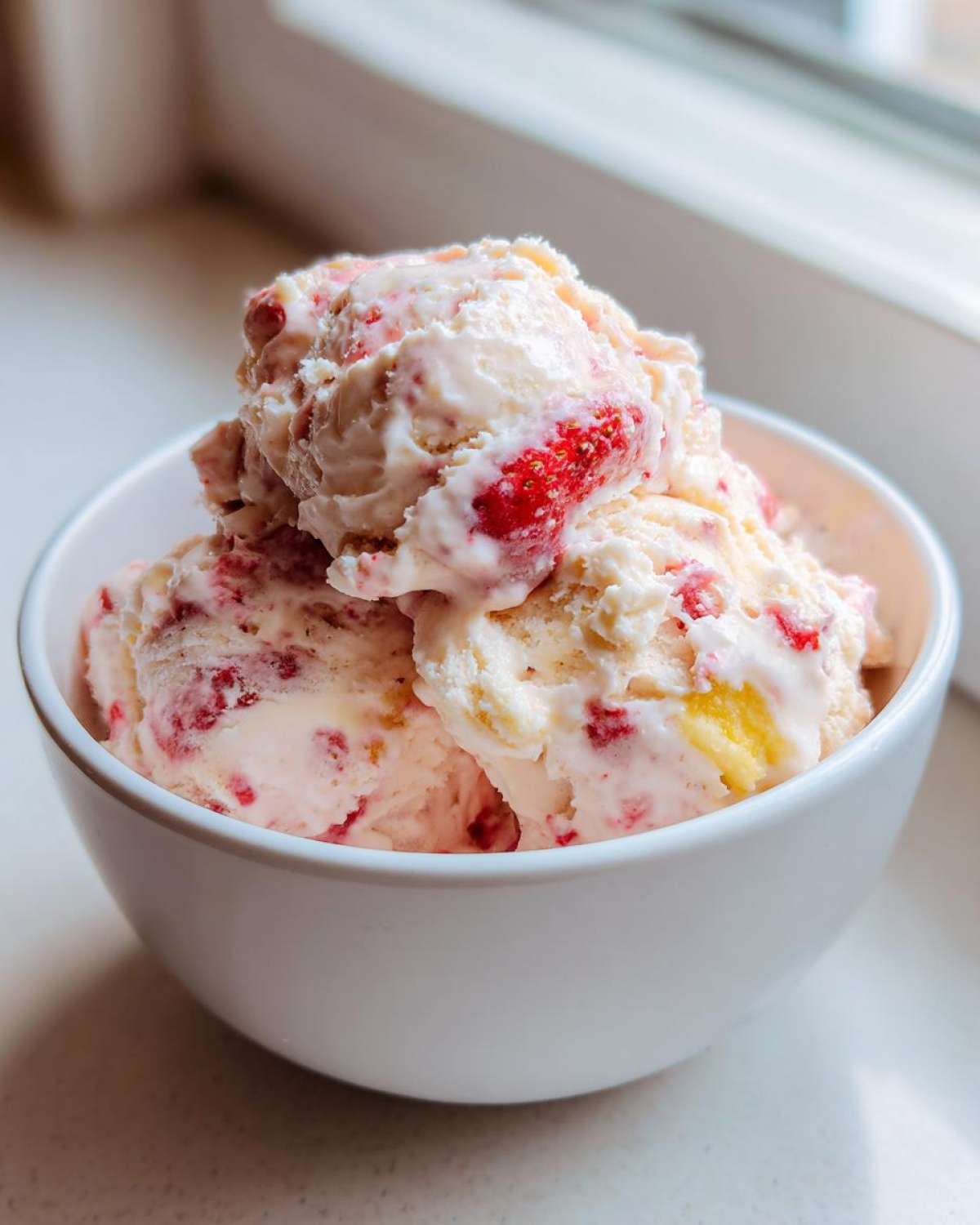 Three scoops of creamy Strawberry Banana Ice Cream swirled with pink strawberry pieces in a white bowl.