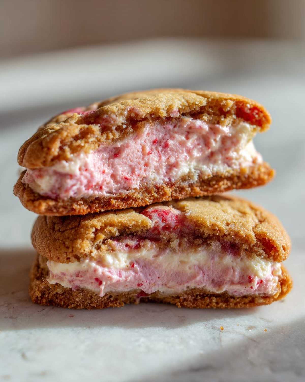 Close-up of two Strawberry Cheesecake Stuffed Cookies stacked, showing the thick, creamy pink strawberry filling.