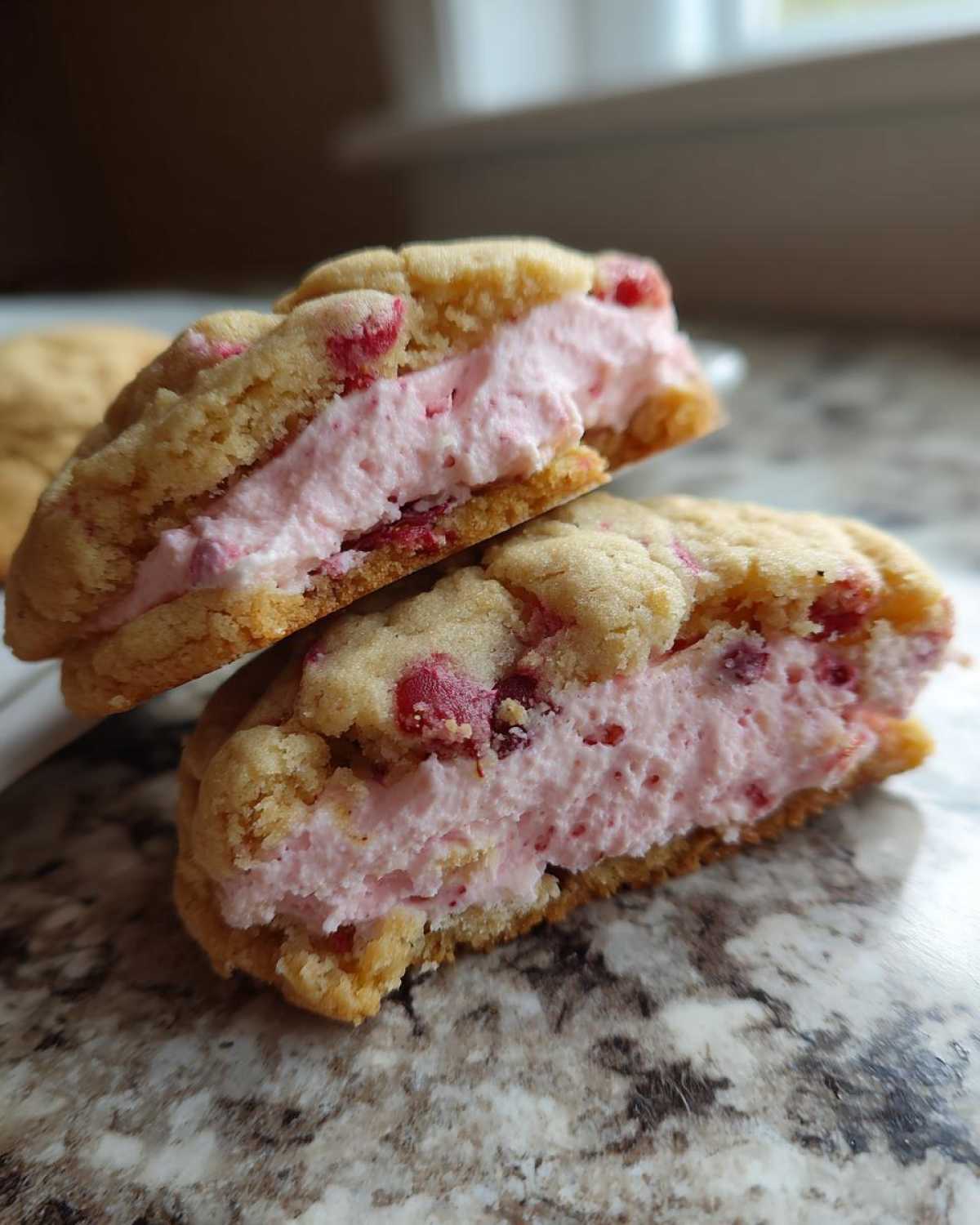 A Strawberry Cheesecake Stuffed Cookie cut in half showing the thick pink filling.