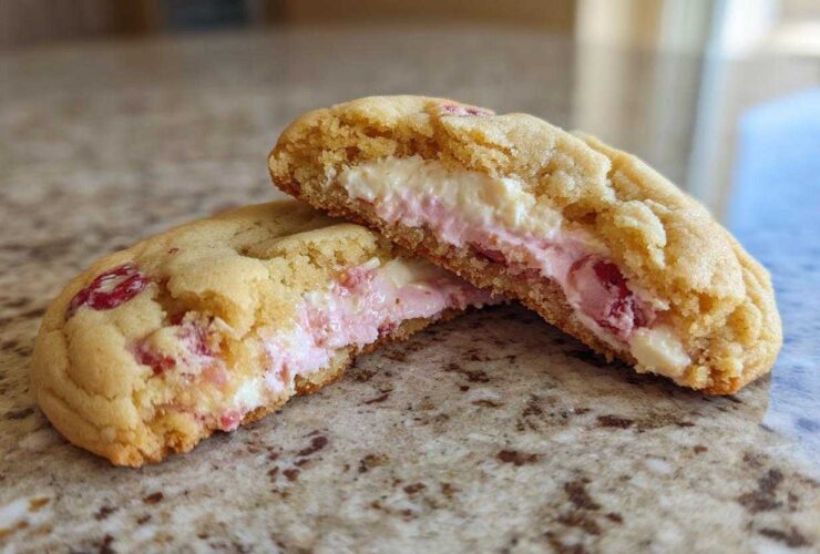 Close-up of Strawberry Cheesecake Stuffed Cookies cut in half showing the creamy pink and white filling.