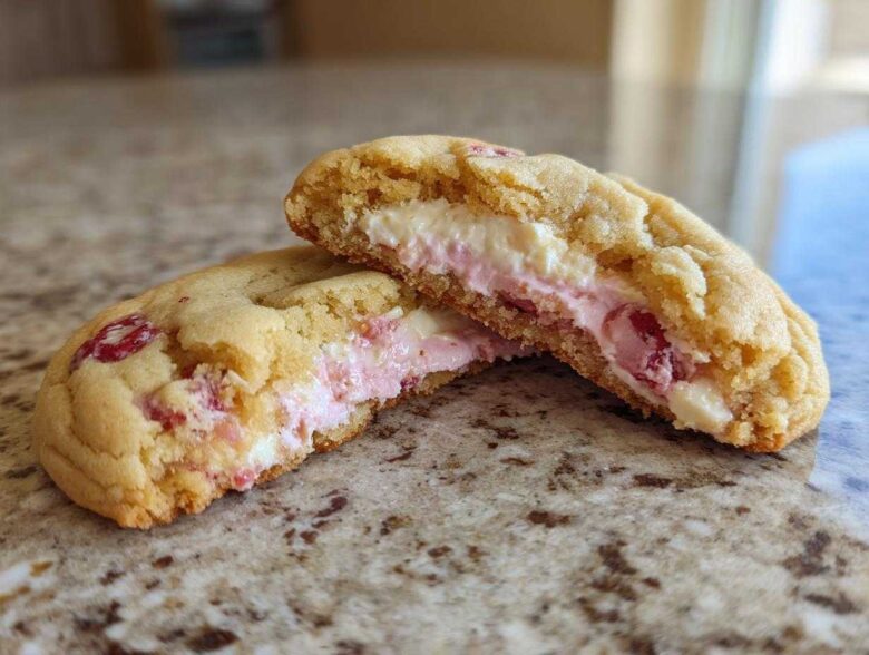 Close-up of Strawberry Cheesecake Stuffed Cookies cut in half showing the creamy pink and white filling.