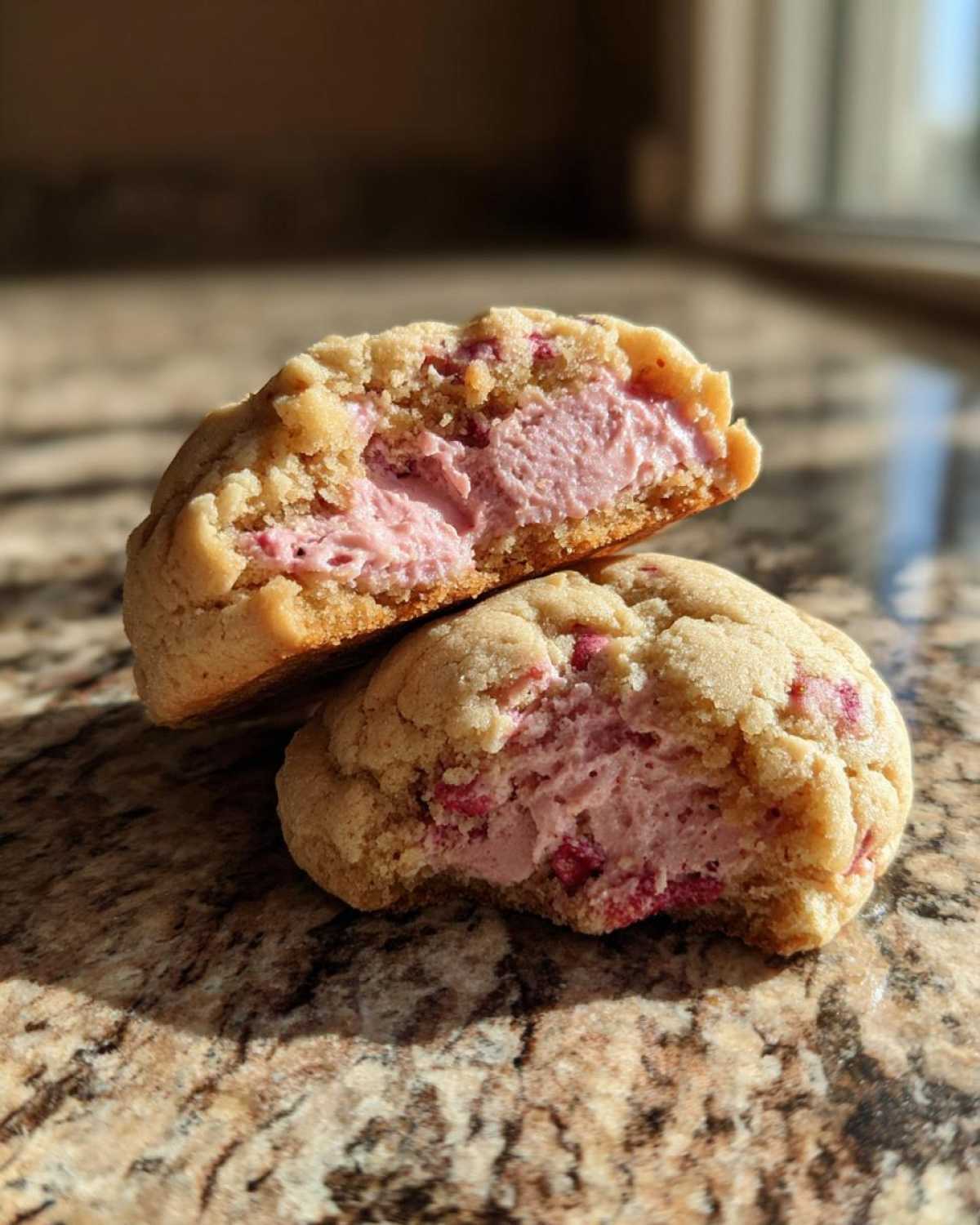 Two halves of a Strawberry Cheesecake Stuffed Cookie showing the thick, pink, creamy filling inside the soft cookie.