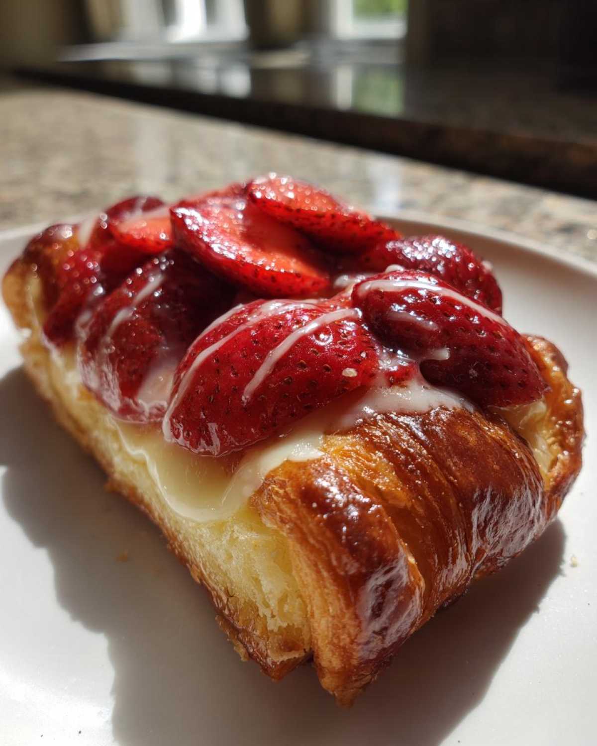 Close-up of a golden-brown Strawberry Cream Cheese Danish topped with sliced strawberries and white icing drizzle.