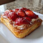 Close-up of a square Strawberry Cream Cheese Danish with glazed strawberries on top of cream filling.