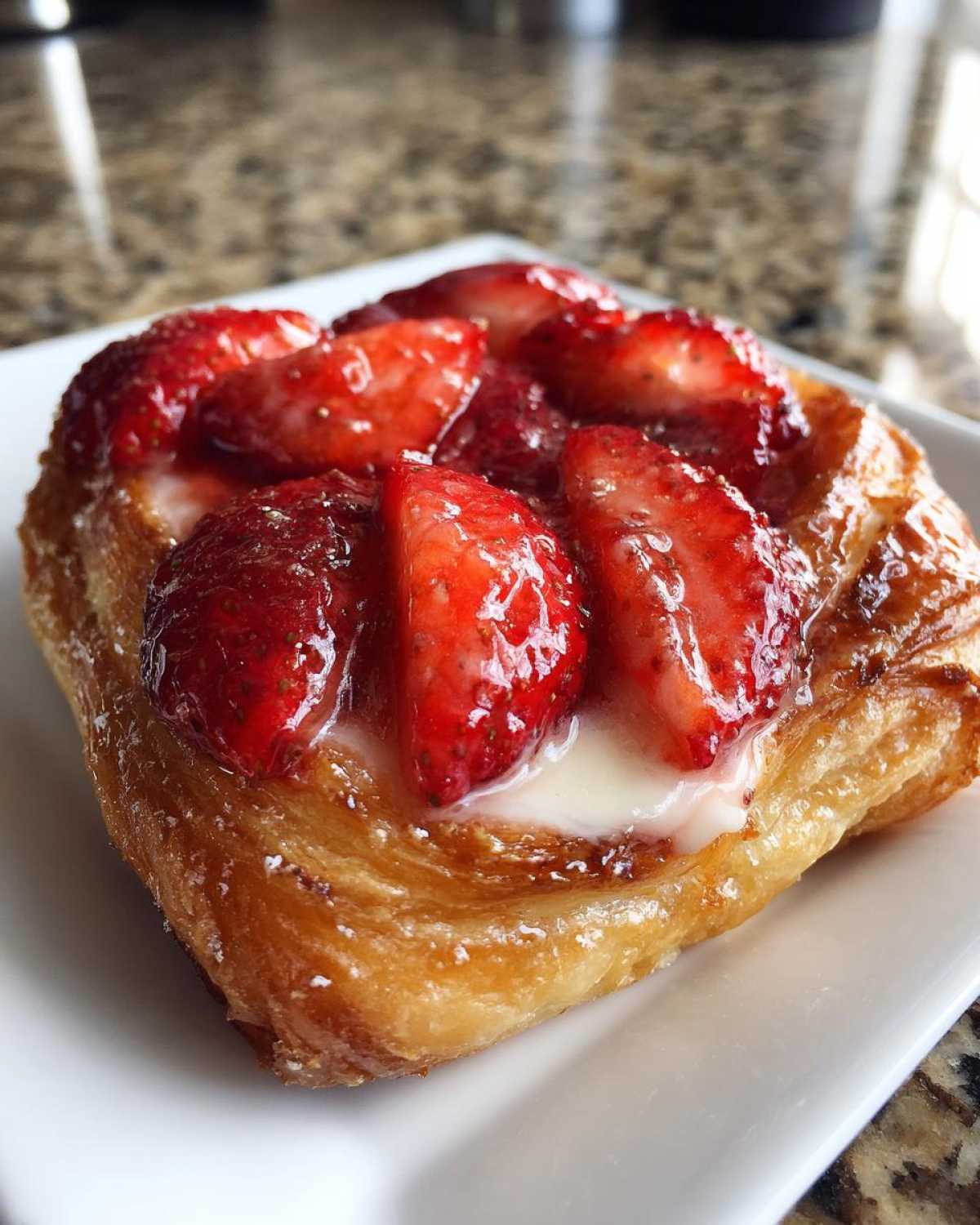 Close-up of a flaky Strawberry Cream Cheese Danish topped with glazed strawberries and cream cheese filling.