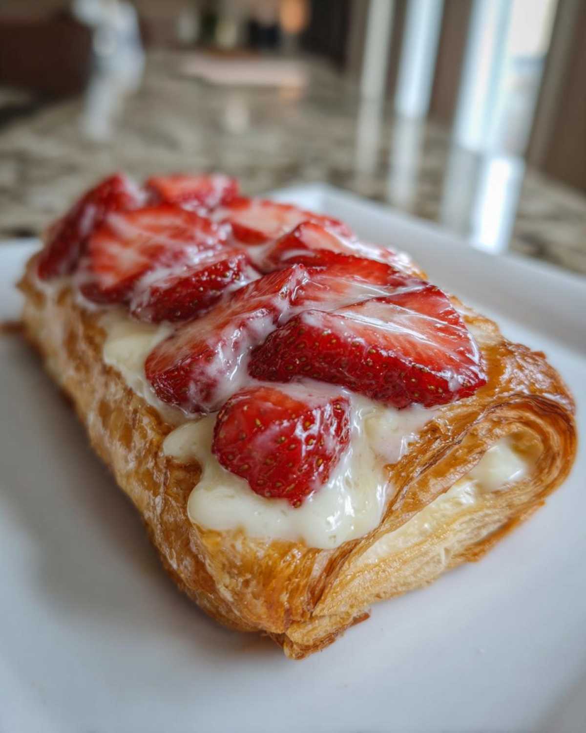 Close-up of a flaky Strawberry Cream Cheese Danish topped with sliced strawberries and white icing.