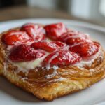 Close-up of a flaky Strawberry Cream Cheese Danish topped with glazed strawberries and white icing.
