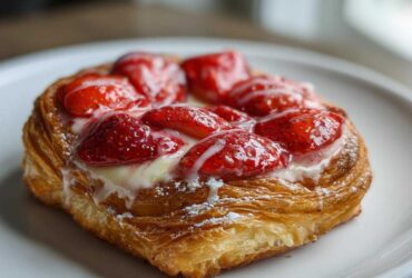 Close-up of a flaky Strawberry Cream Cheese Danish topped with glazed strawberries and white icing.
