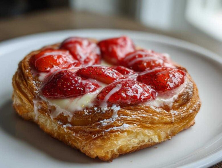 Close-up of a flaky Strawberry Cream Cheese Danish topped with glazed strawberries and white icing.