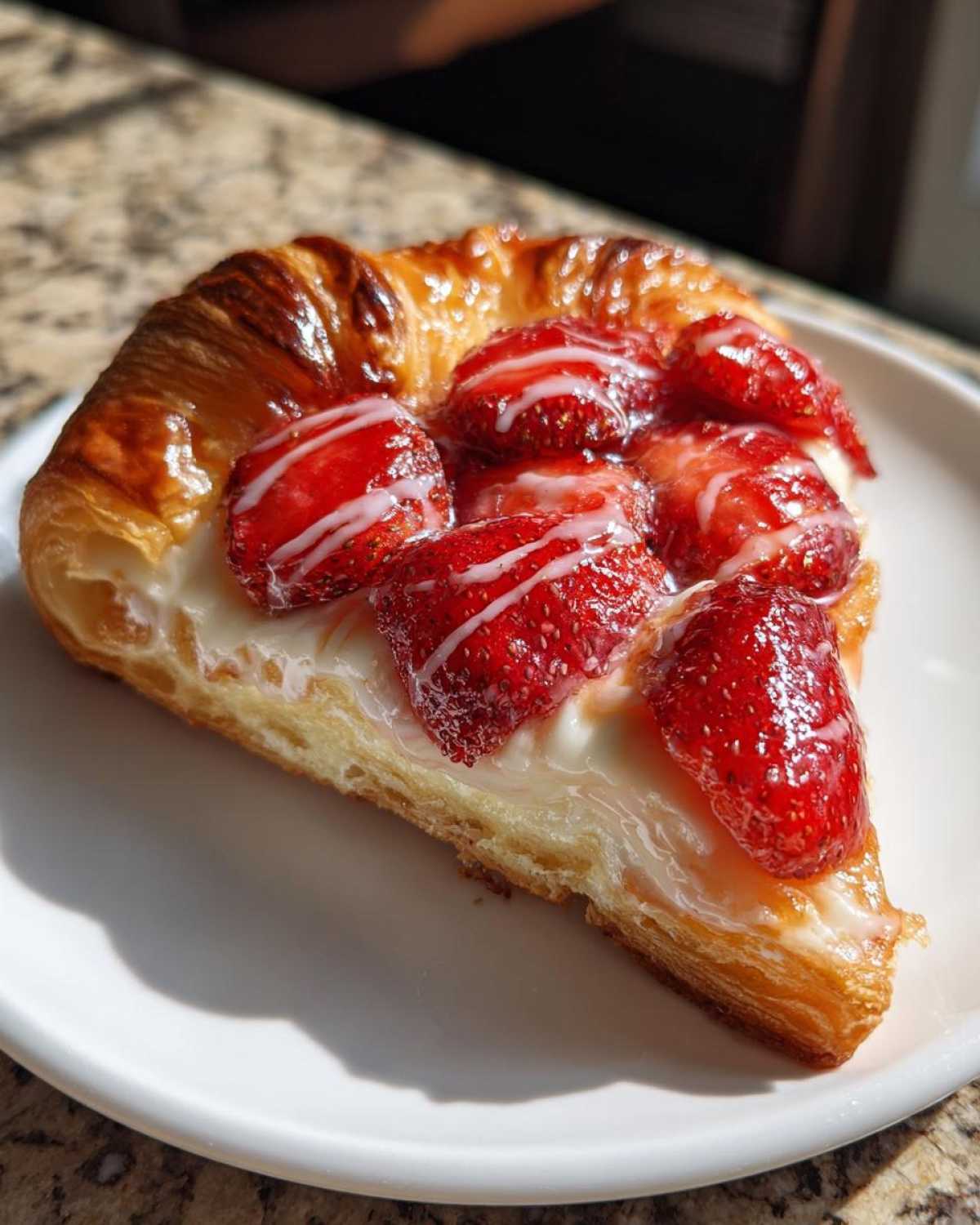A close-up of a flaky Strawberry Cream Cheese Danish slice topped with glazed strawberries and white icing.