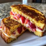 Close-up of Strawberry Cream Cheese Stuffed French Toast cut in half, showing creamy filling and fresh strawberries.