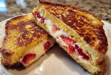 Two halves of golden brown Strawberry Cream Cheese Stuffed French Toast showing the creamy filling and sliced strawberries.
