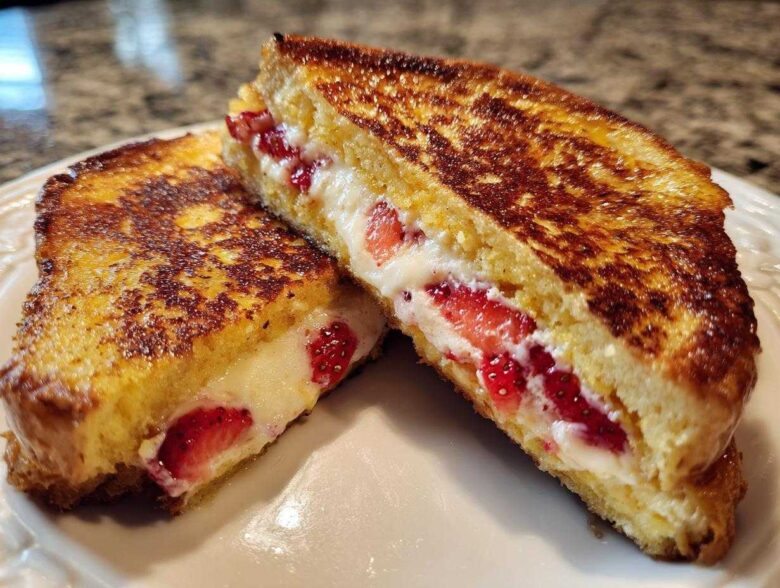 Two halves of golden brown Strawberry Cream Cheese Stuffed French Toast showing the creamy filling and sliced strawberries.