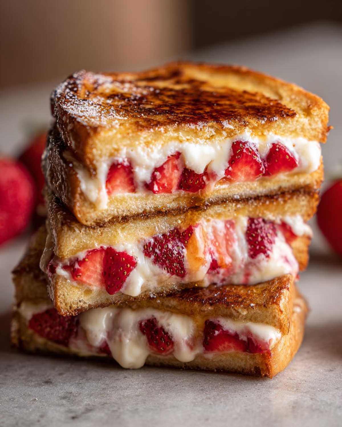 A stack of three golden brown Strawberry Cream Cheese Stuffed French Toast halves overflowing with filling.