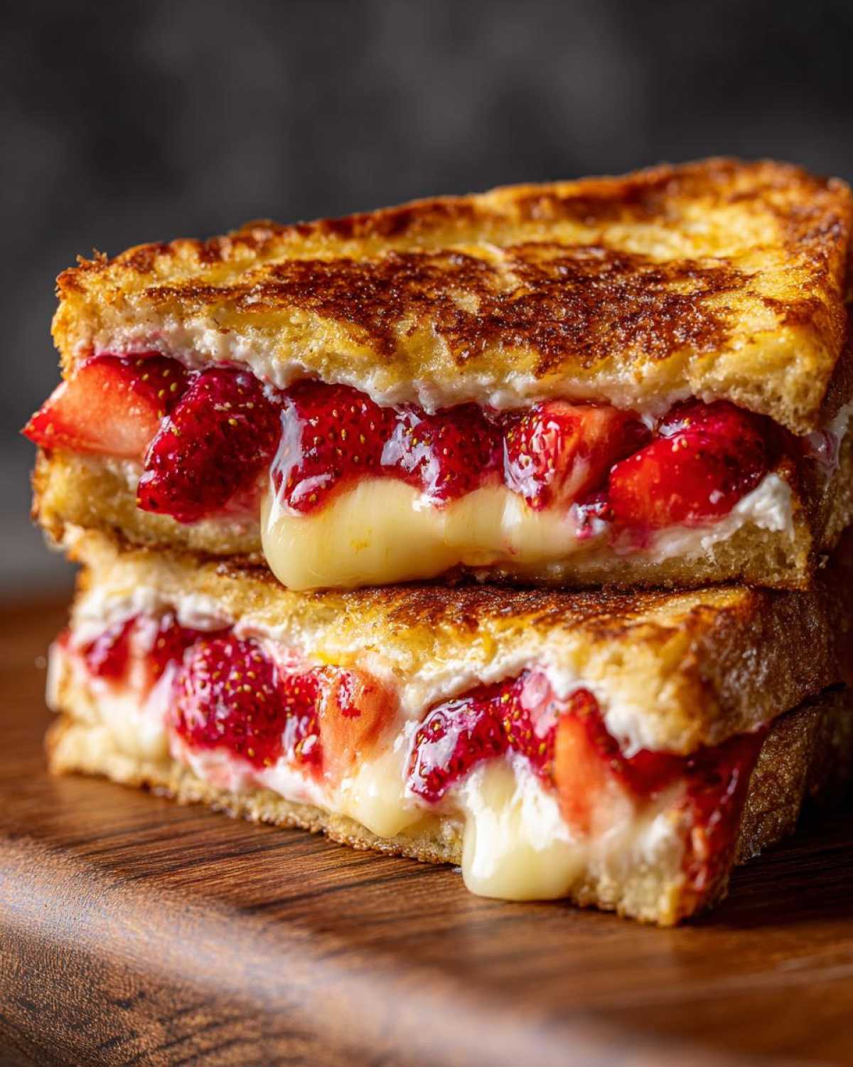 Close-up of stacked Strawberry Cream Cheese Stuffed French Toast oozing filling.