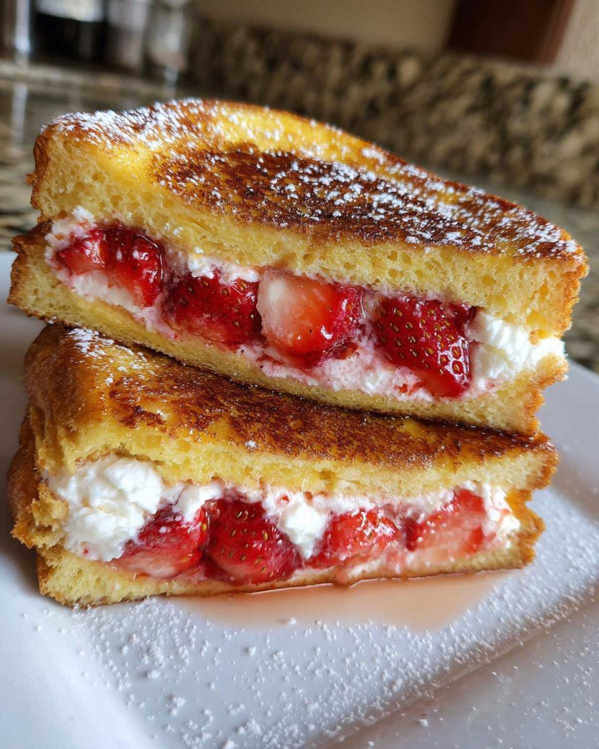 Two halves of Strawberry Cream Cheese Stuffed French Toast stacked, showing creamy filling and fresh strawberries.