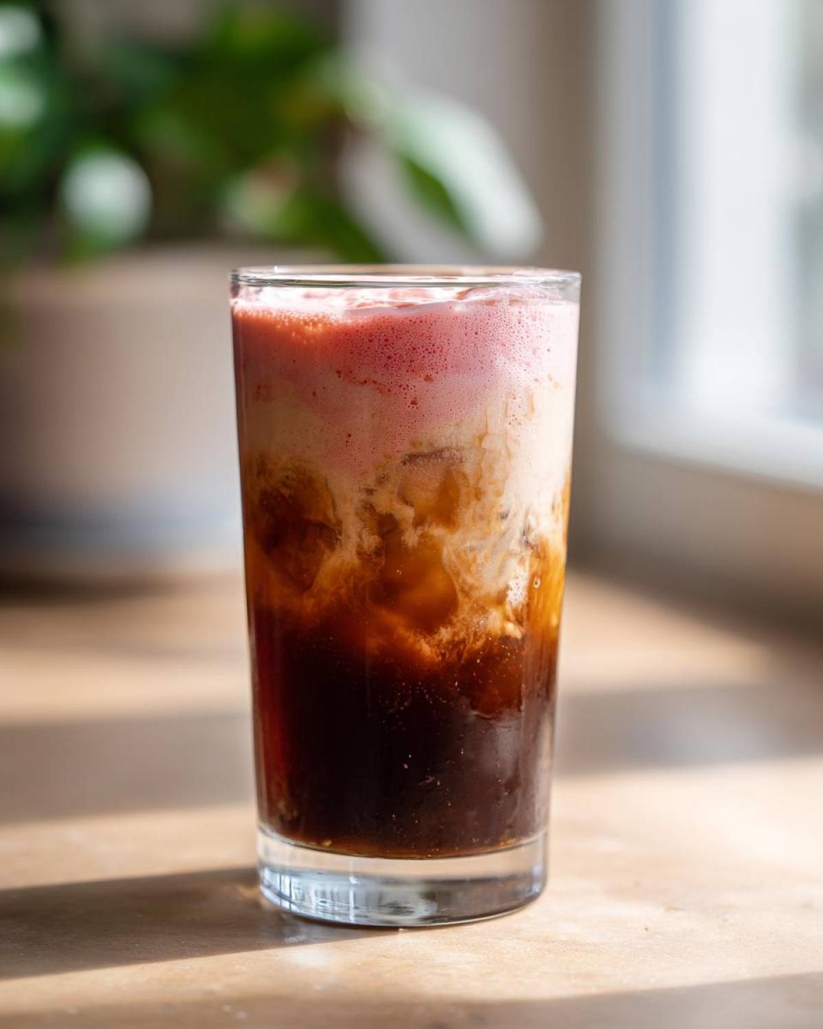 A tall glass showcasing the layers of Strawberry Cream Cold Brew with dark coffee below and pink foam on top.