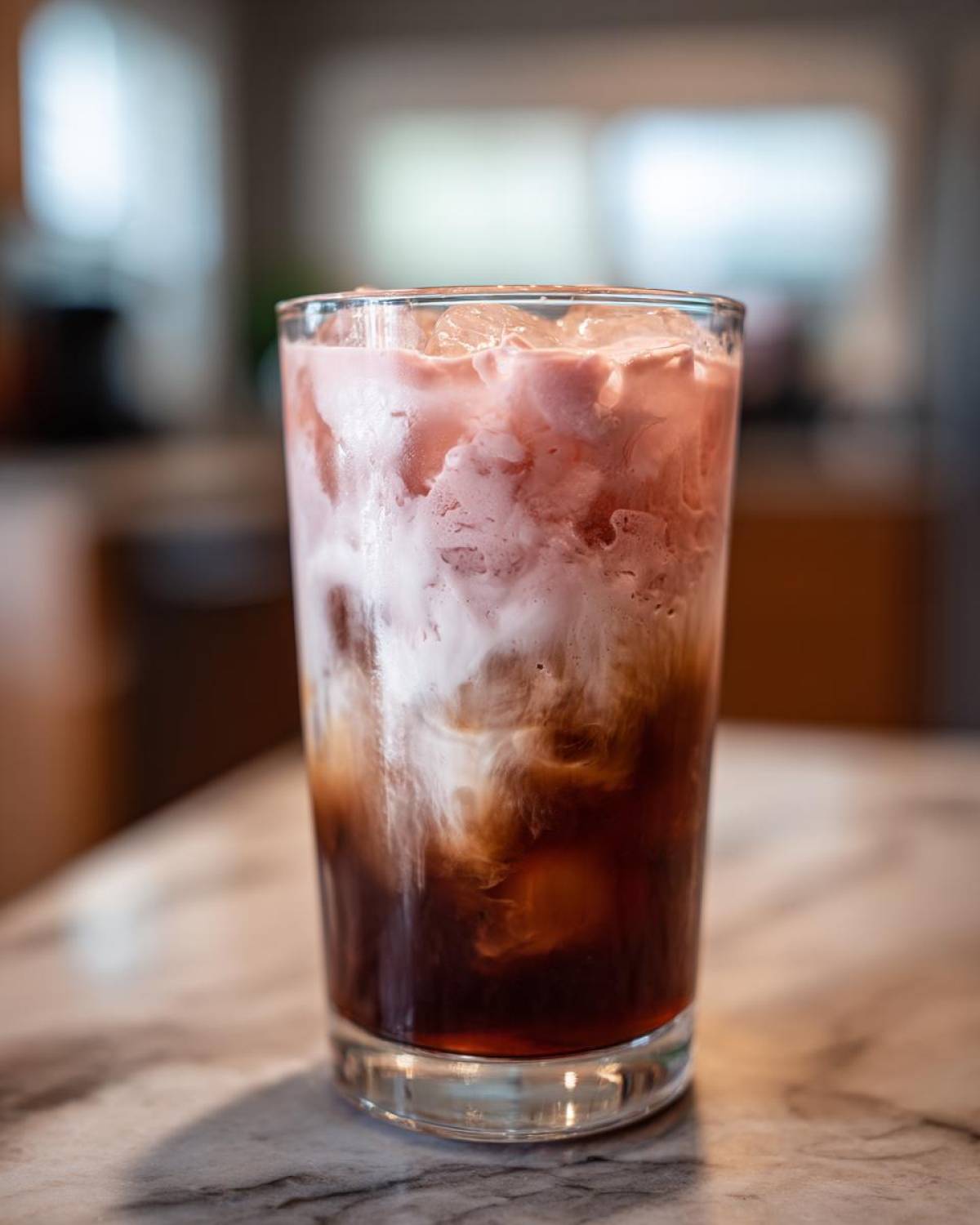Close-up of a tall glass filled with layered Strawberry Cream Cold Brew, showing dark coffee mixing with pink and white cream.