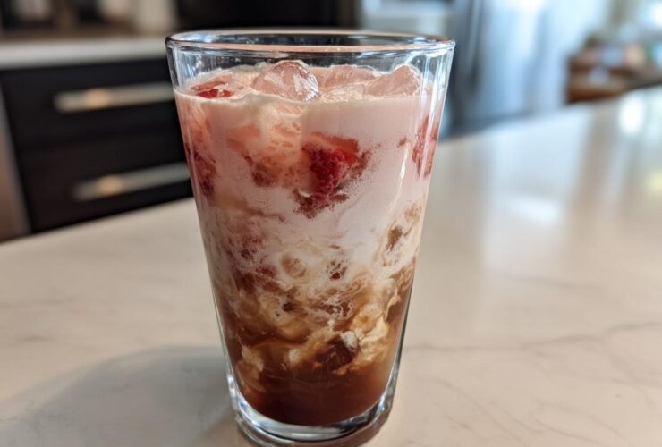 A tall glass filled with layered Strawberry Cream Cold Brew, showing coffee, cream, and strawberry pieces over ice.