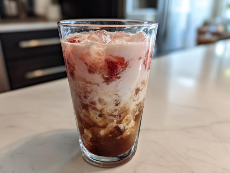 A tall glass filled with layered Strawberry Cream Cold Brew, showing coffee, cream, and strawberry pieces over ice.