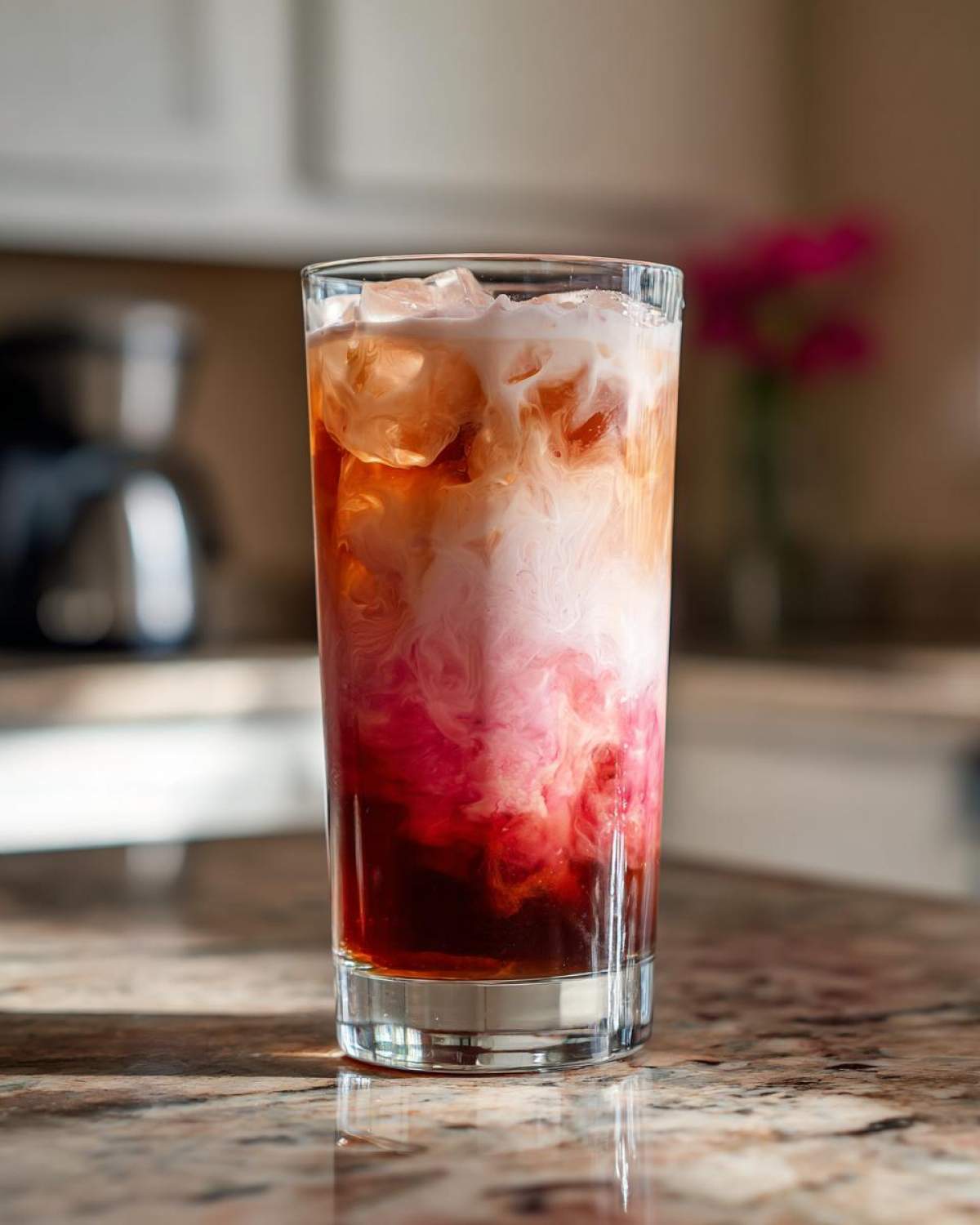 Close-up of a tall glass showing the beautiful swirling layers of Strawberry Cream Cold Brew over ice.