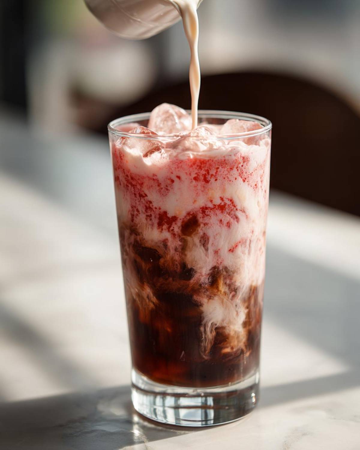 Cream being poured into a glass of Strawberry Cream Cold Brew, showing swirling layers of dark coffee and pink cream.