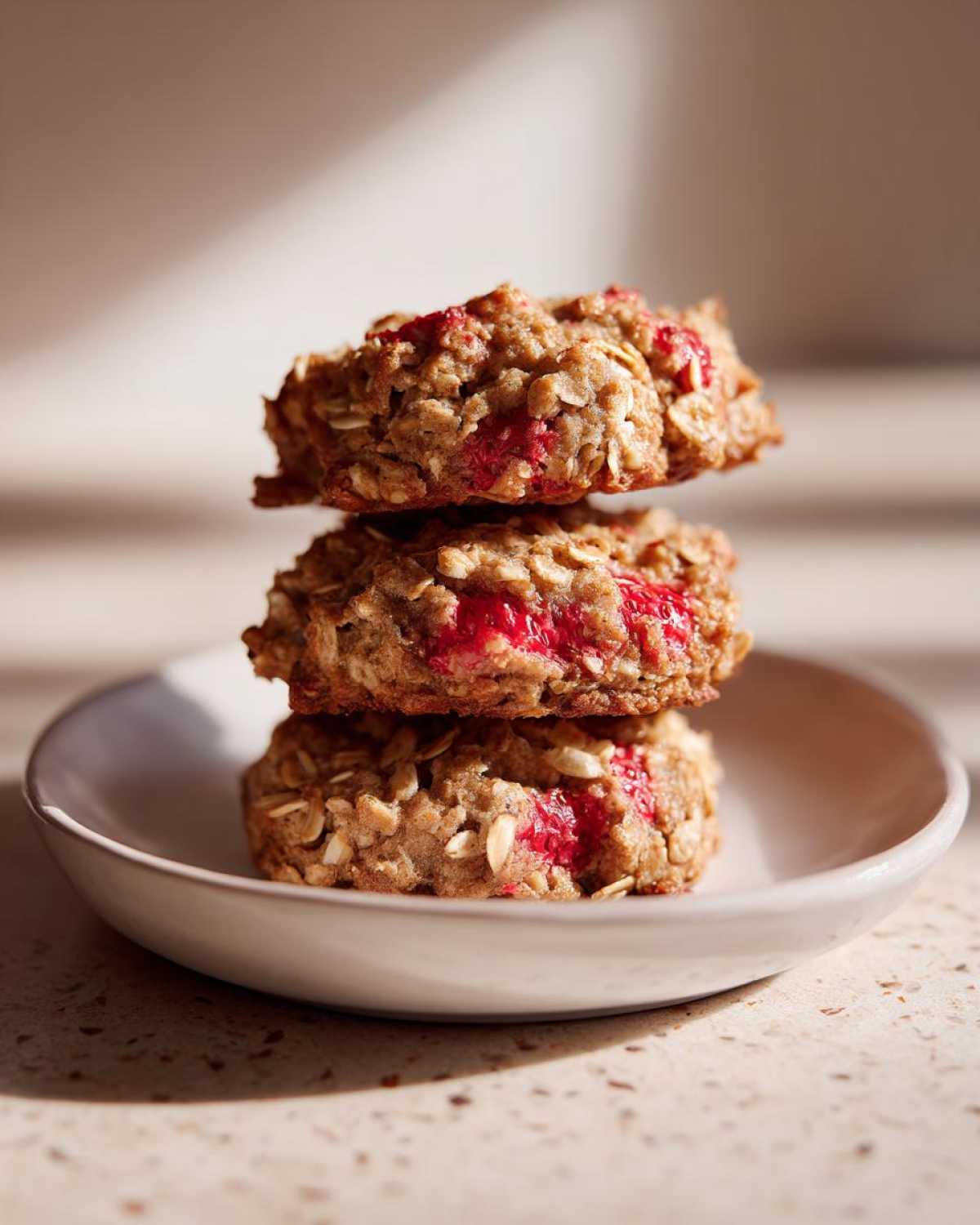 Three Strawberry Oatmeal Breakfast Cookies stacked vertically on a small white plate.