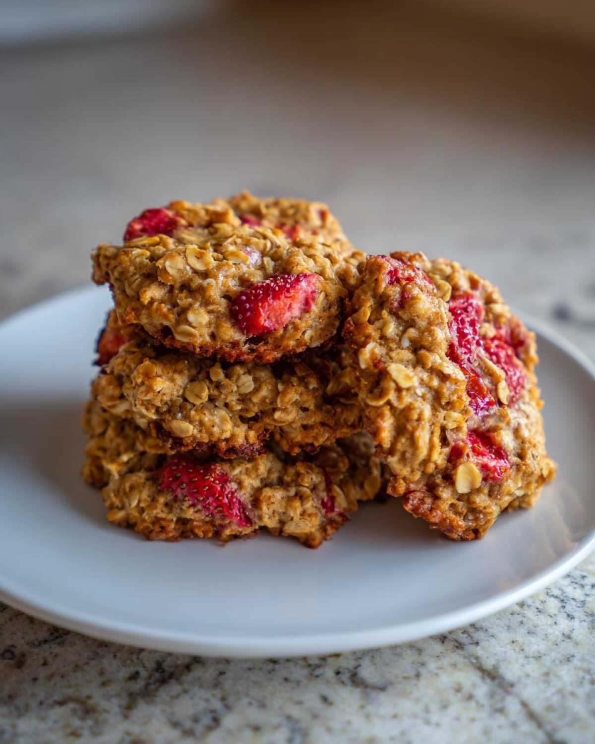 A stack of golden brown Strawberry Oatmeal Breakfast Cookies studded with bright red strawberry pieces, served on a white plate.