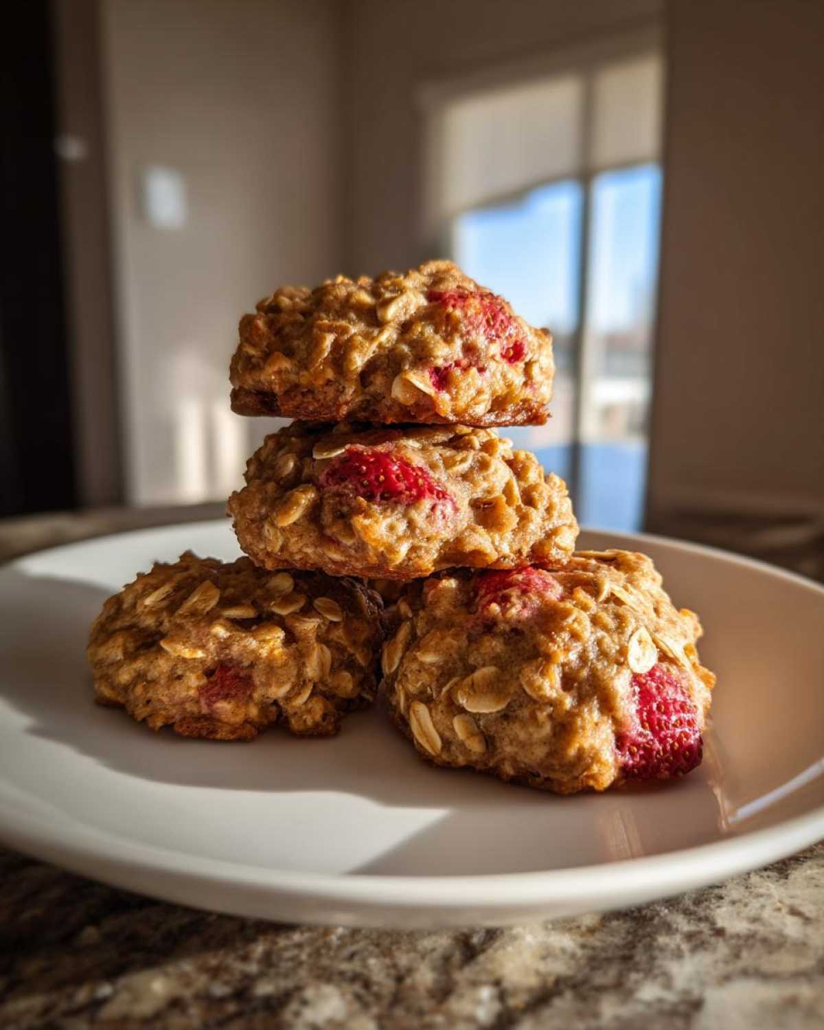 A stack of four golden Strawberry Oatmeal Breakfast Cookies featuring visible oats and bright red strawberry pieces.