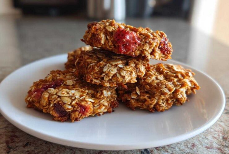 A stack of four golden brown Strawberry Oatmeal Breakfast Cookies featuring visible oats and pieces of red strawberry on a white plate.