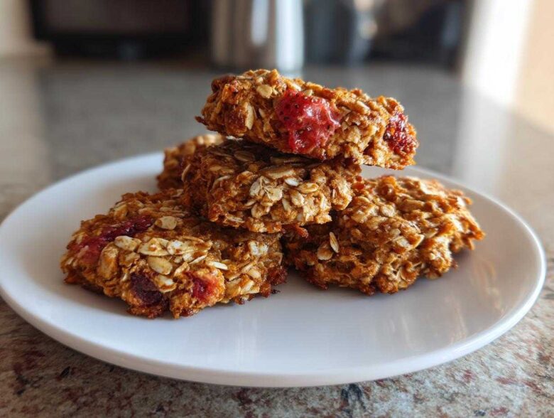 A stack of four golden brown Strawberry Oatmeal Breakfast Cookies featuring visible oats and pieces of red strawberry on a white plate.