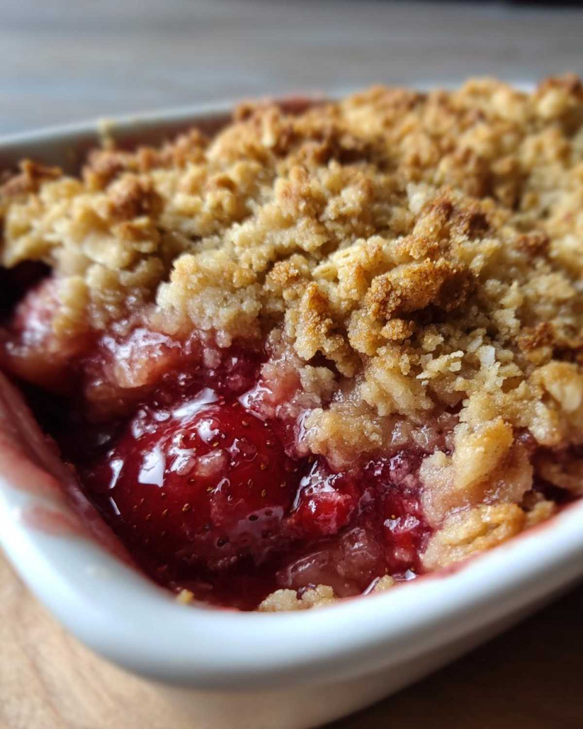 Close-up of a bubbling, juicy strawberry filling beneath a golden, crumbly topping of Strawberry Rhubarb Crisp.