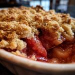 A close-up shot revealing the gooey, cooked fruit filling beneath the golden, crumbly topping of Strawberry Rhubarb Crisp.