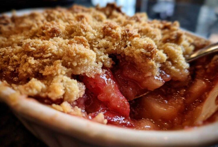 A close-up shot revealing the gooey, cooked fruit filling beneath the golden, crumbly topping of Strawberry Rhubarb Crisp.