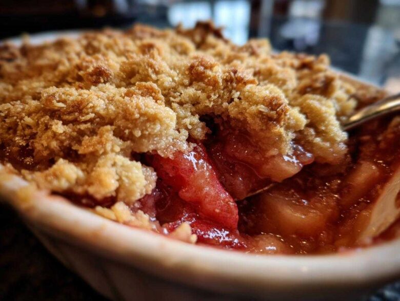 A close-up shot revealing the gooey, cooked fruit filling beneath the golden, crumbly topping of Strawberry Rhubarb Crisp.