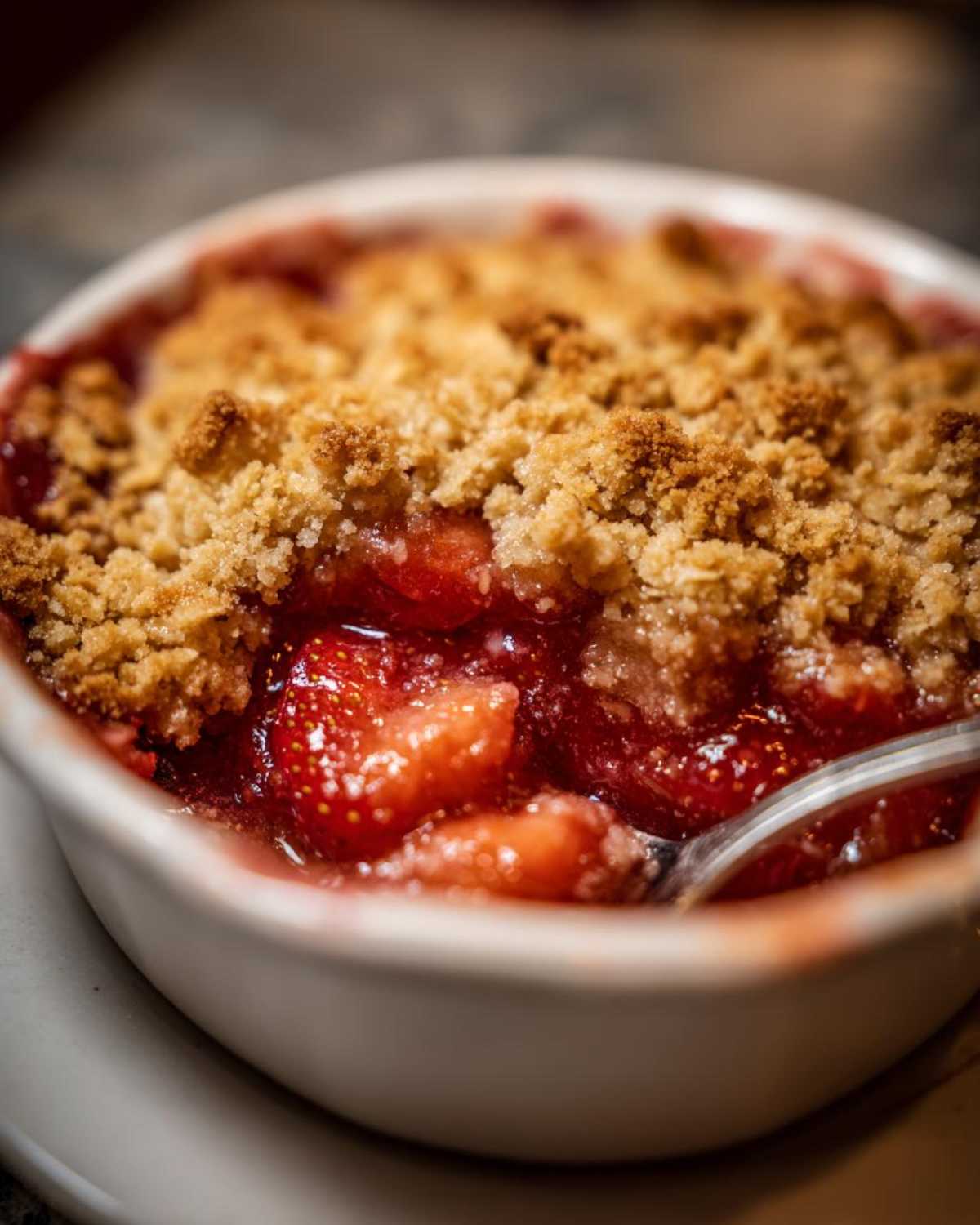 Close-up of a warm, bubbling Strawberry Rhubarb Crisp served in a white ramekin with a spoon dipping into the fruit filling.