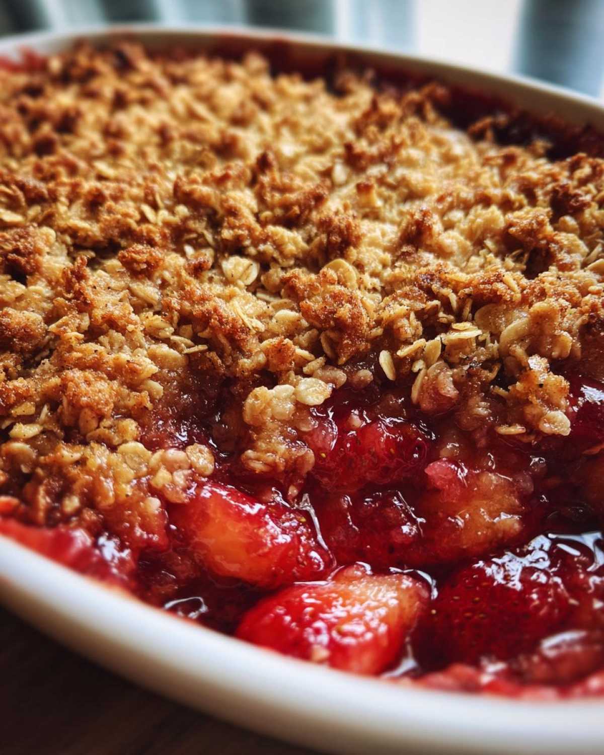 Close-up of bubbling red strawberries and rhubarb beneath a golden brown oat topping of Strawberry Rhubarb Crisp.