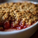 Close-up showing the bubbling, juicy filling of Strawberry Rhubarb Crisp with a golden oat topping.