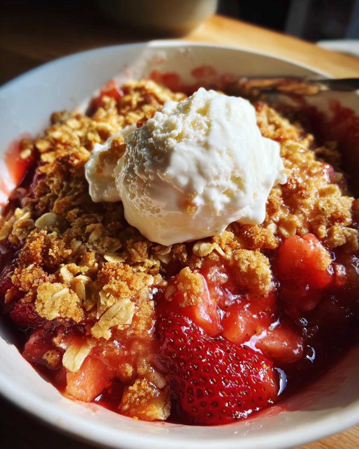 Close-up of warm Strawberry Rhubarb Crisp topped with a scoop of melting vanilla ice cream in a white bowl.