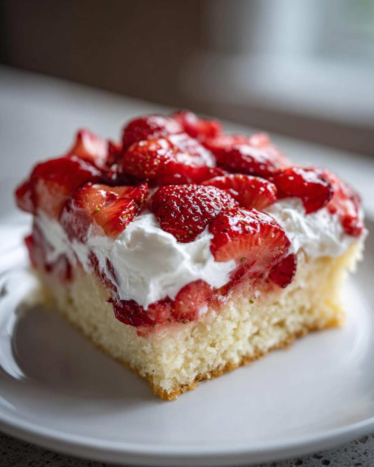 A close-up of a square slice of Strawberry Shortcake Sheet Cake topped with whipped cream and fresh macerated strawberries.