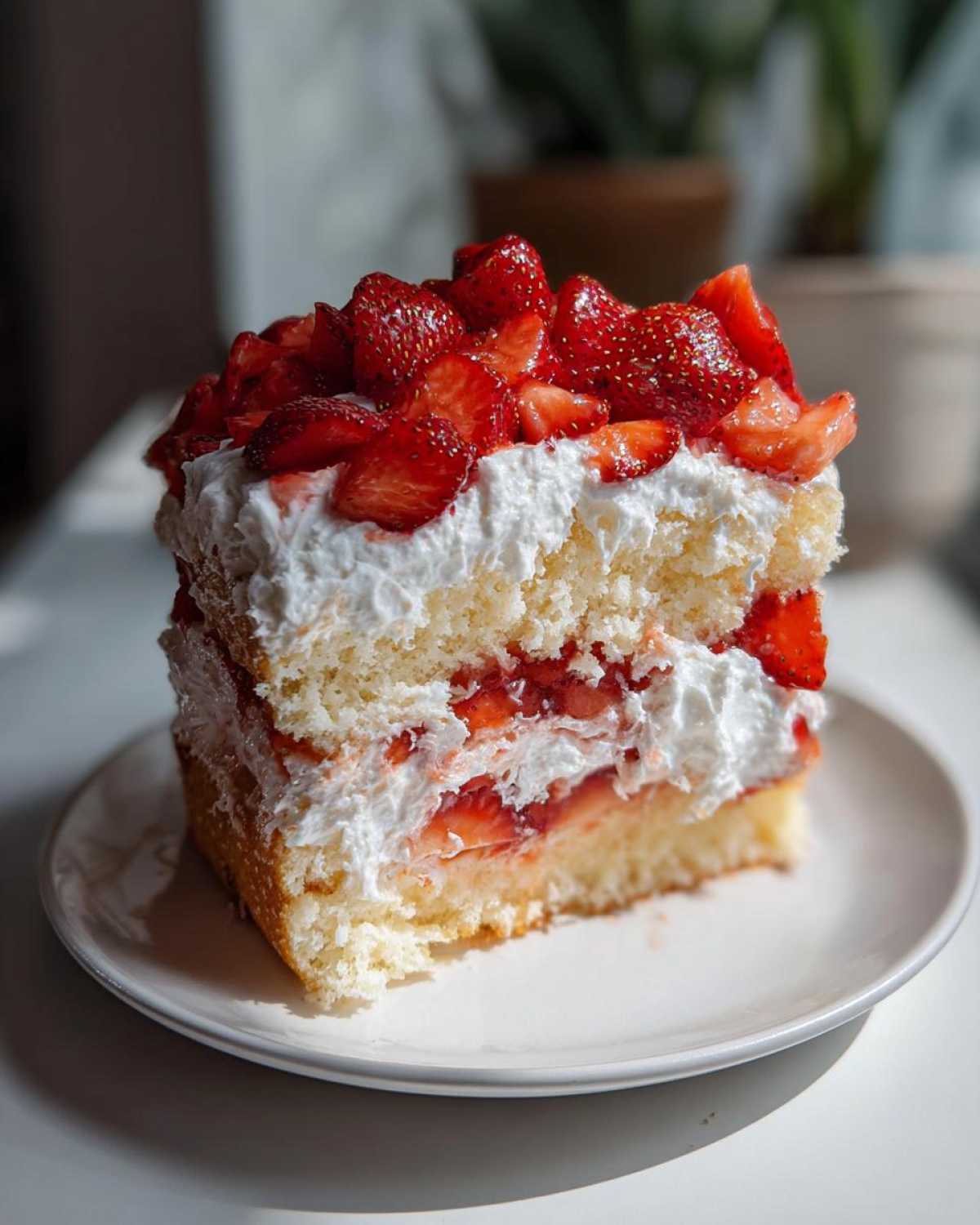 A tall slice of Strawberry Shortcake Sheet Cake layered with sponge cake, whipped cream, and fresh strawberries.