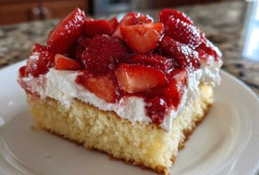 Close-up of a moist slice of Strawberry Shortcake Sheet Cake topped with whipped cream and fresh strawberries.