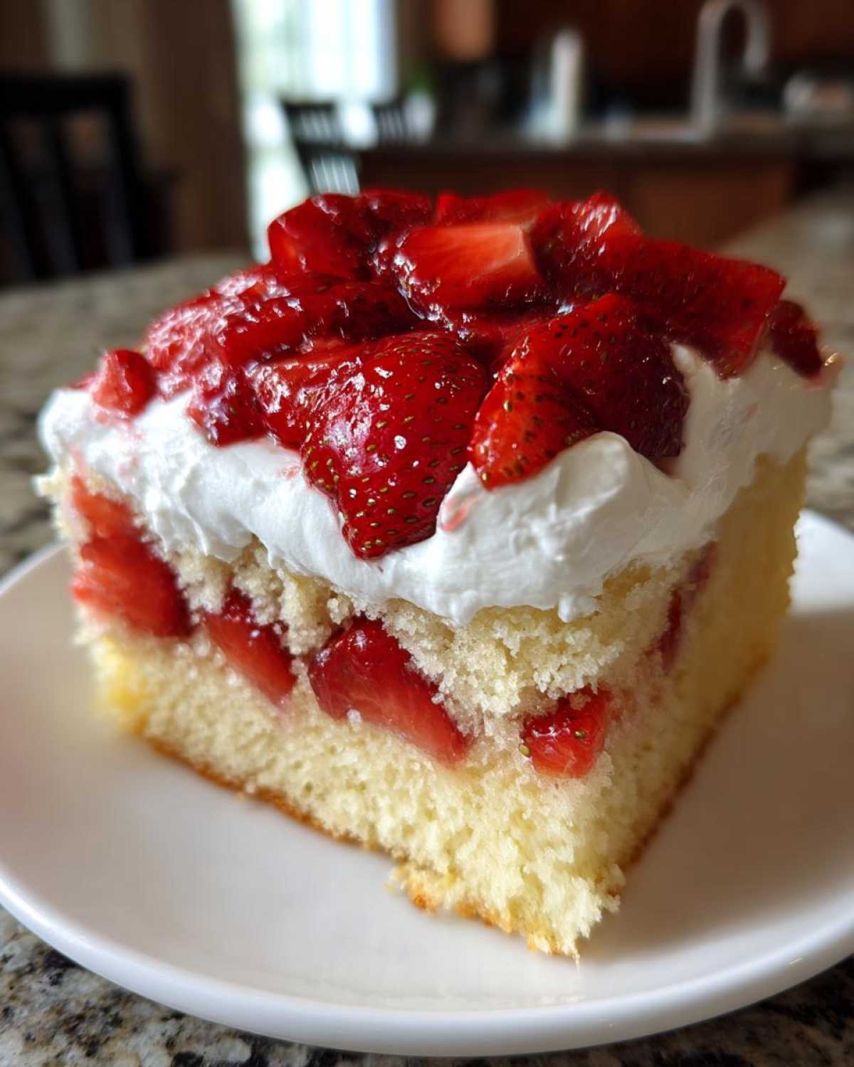 A generous slice of Strawberry Shortcake Sheet Cake featuring layers of yellow cake, fresh strawberries, and whipped cream topping.