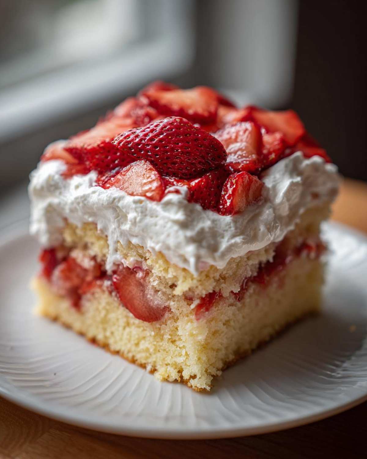 Close-up of a moist slice of Strawberry Shortcake Sheet Cake layered with strawberries and topped with whipped cream.