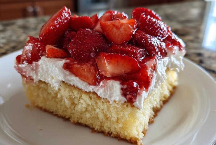 Close-up of a moist slice of Strawberry Shortcake Sheet Cake topped with whipped cream and fresh strawberries.