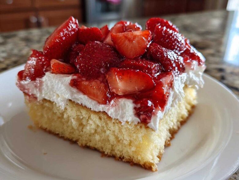 Close-up of a moist slice of Strawberry Shortcake Sheet Cake topped with whipped cream and fresh strawberries.