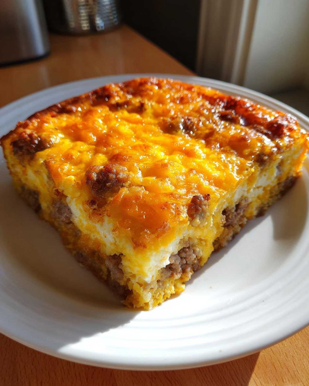 A square slice of Tater Tot Breakfast Casserole topped with melted orange cheese and sausage.