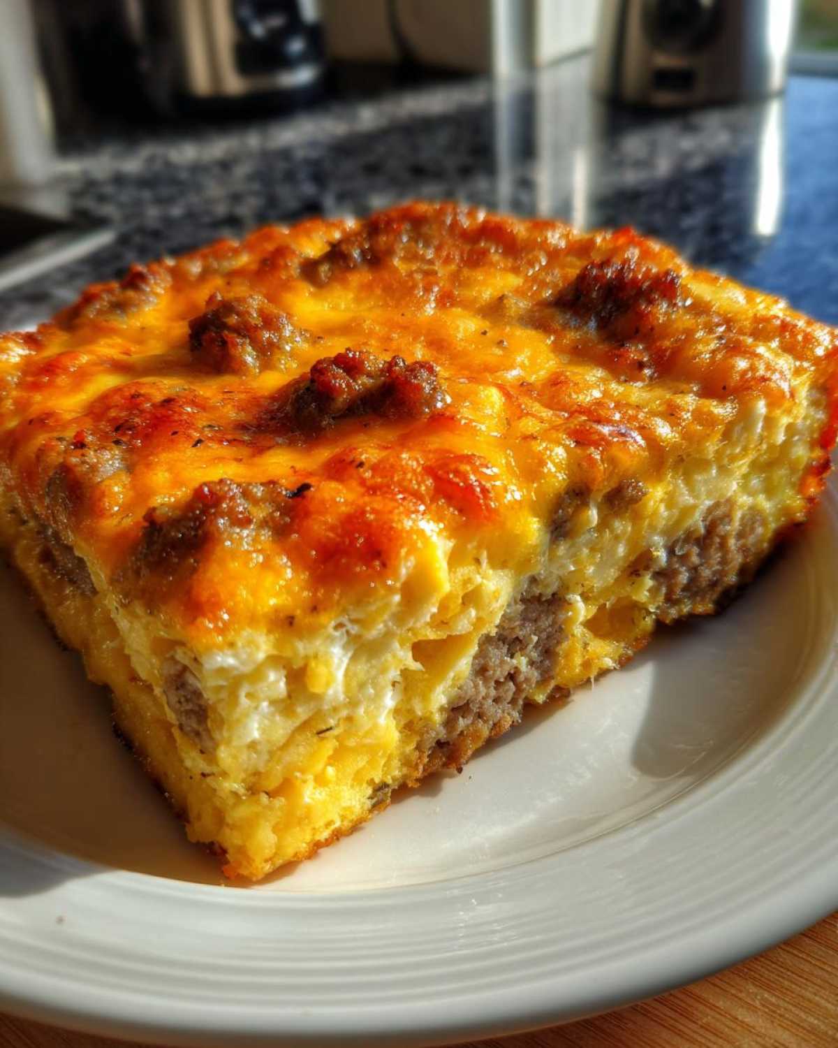 Close-up of a hearty slice of Tater Tot Breakfast Casserole topped with melted orange cheese and crumbled sausage.