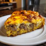 A thick slice of Tater Tot Breakfast Casserole showing layers of sausage, egg, and melted cheddar cheese topping.