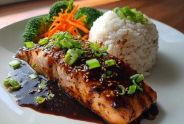 A perfectly cooked piece of Teriyaki Salmon Rice Bowls topped with glossy sauce, sesame seeds, and green onions.